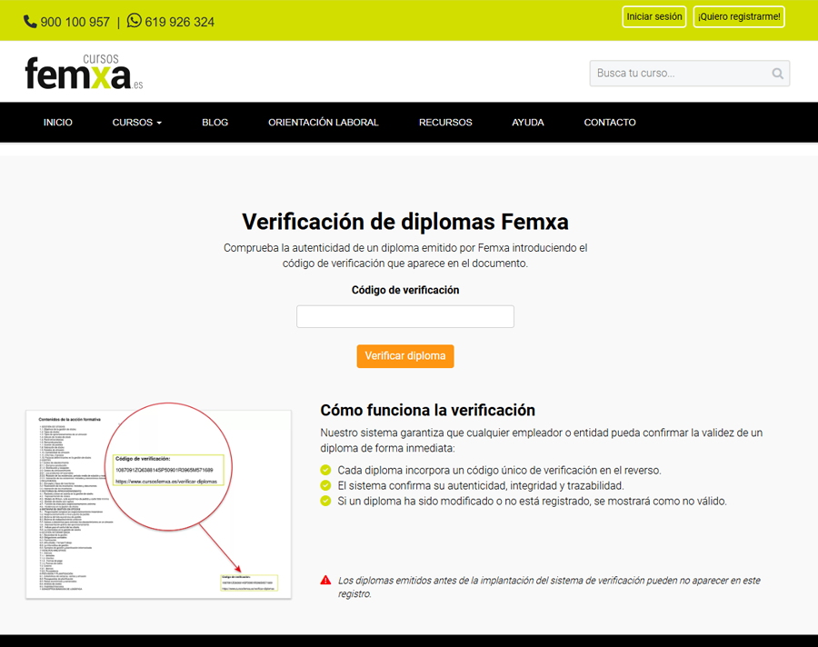 Página de verificación de diplomas de Cursos Femxa Página de verificación de diplomas de Cursos Femxa